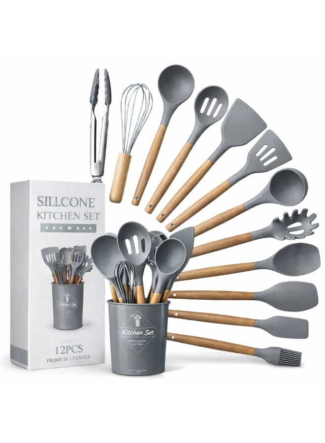 TaimAs Kitchen Utensil Set 12 Pieces Silicone Cooking Tools BPA-Free Heat Resistant Wooden Handle for Nonstick Cookware - Image 1
